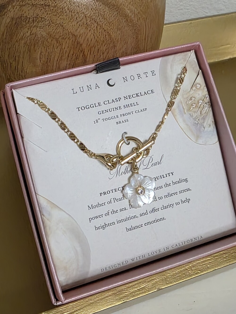 Luna Norte Gold Toggle Necklace with White Mother-of-Pearl Flower